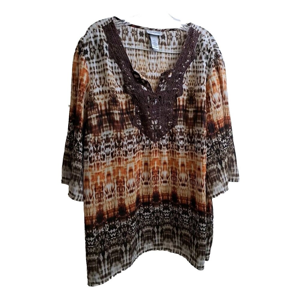 Catherines Tunic Top Women's Size 0X 14W 16W Cheetah Cover Up Embroidered Beach